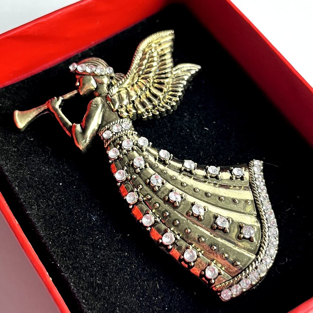 Pier 1 Imports Angel Pillar Candle Pin Antique Gold / Brass Tone Rhinestone Box